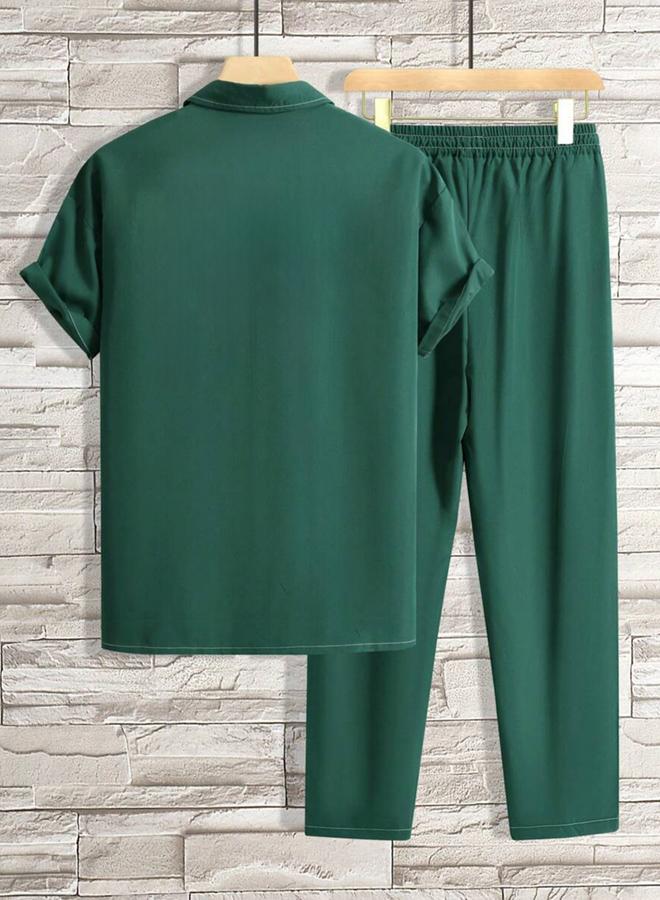Take Two Men Dark Green Short Sleeve Shirt and Trousers Co-Ords - Image 2